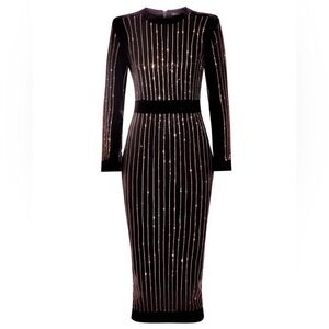 Long Sleeve Crystal Diamond Midi Cocktail Dress